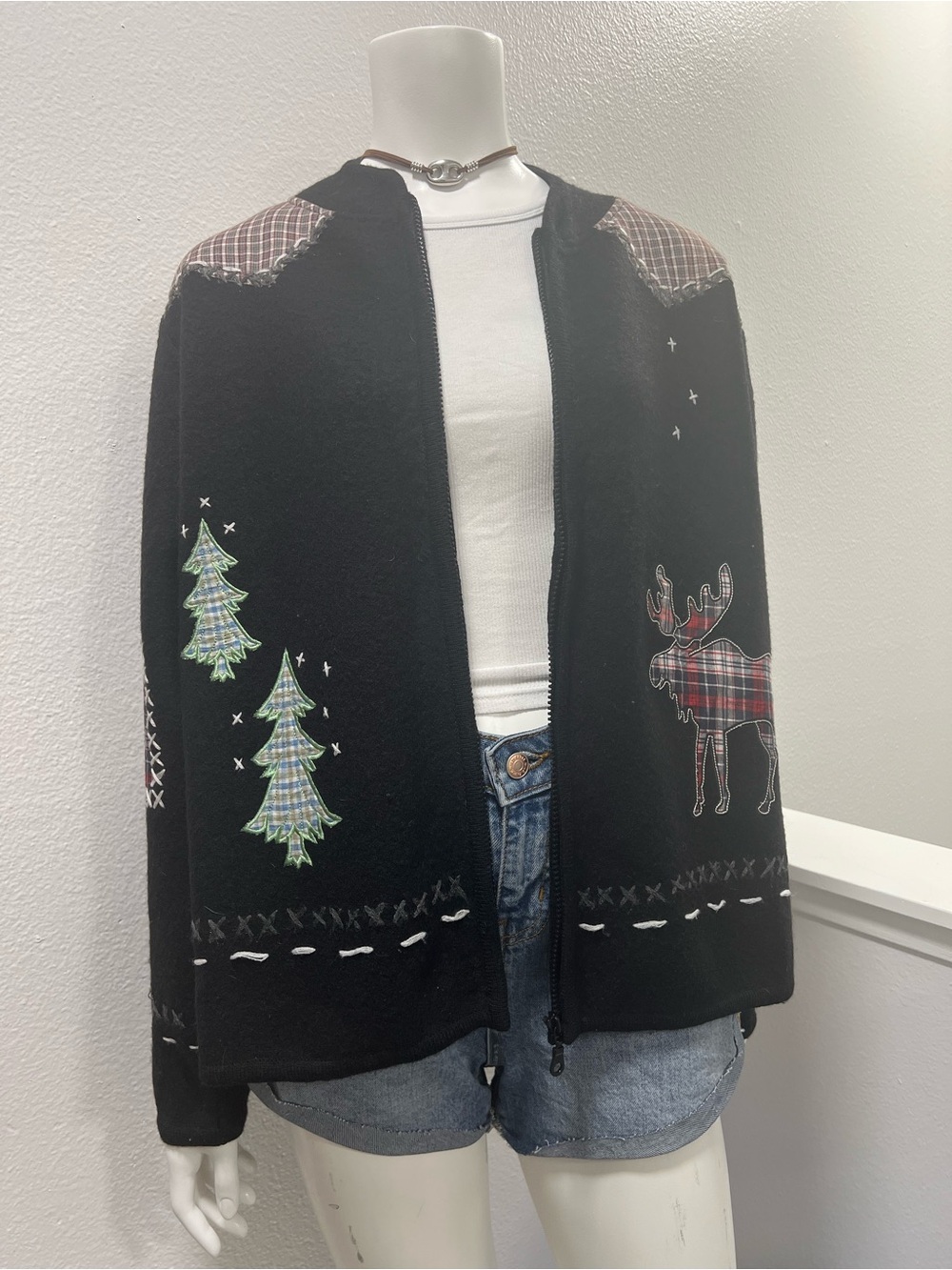 Coldwater Creek 100% Wool Plaid Moose Patchwork Zip Cardigan Jacket - Size L